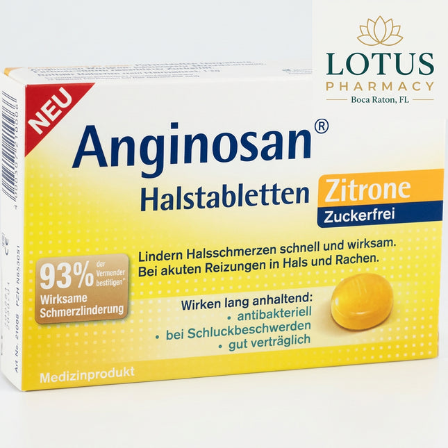 Tetesept Anginosan Lemon Sugar-Free Lozenges are a German medical device designed to provide fast, long-lasting relief for sore throat, hoarseness, swallowing discomfort, and acute irritation of the throat and pharynx. The formula contains hyaluronic acid, menthol, and a protective gel-forming complex that helps coat and moisturize irritated mucous membranes.