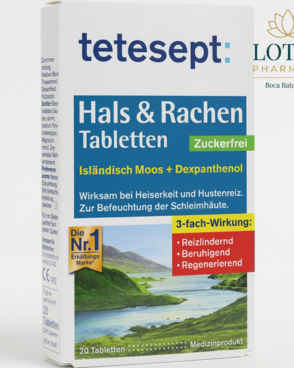Tetesept Hals &amp; Rachen Sugar-Free Lozenges are a German medical device formulated with high-dose Iceland moss extract and moisturizing dexpanthenol. They are designed to help relieve sore throat, hoarseness, throat irritation, and cough-triggering irritation by forming a soothing protective film over the mucous membranes of the mouth and throat.