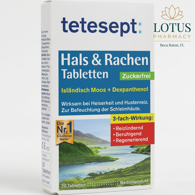 Tetesept Hals &amp; Rachen Sugar-Free Lozenges are a German medical device formulated with high-dose Iceland moss extract and moisturizing dexpanthenol. They are designed to help relieve sore throat, hoarseness, throat irritation, and cough-triggering irritation by forming a soothing protective film over the mucous membranes of the mouth and throat.