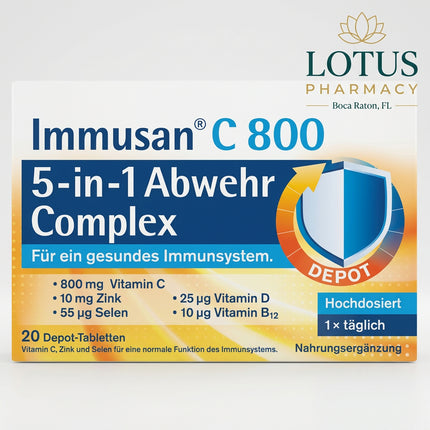 Tetesept Immusan C 800 5-in-1 Defense Complex is a German dietary supplement formulated to support normal immune system function, especially during periods of increased physical or seasonal demand. Each tablet combines 800 mg vitamin C, zinc, selenium, vitamin D3, and vitamin B12 in a once-daily formula.