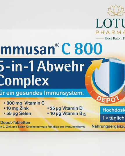 Tetesept Immusan C 800 5-in-1 Defense Complex is a German dietary supplement formulated to support normal immune system function, especially during periods of increased physical or seasonal demand. Each tablet combines 800 mg vitamin C, zinc, selenium, vitamin D3, and vitamin B12 in a once-daily formula.