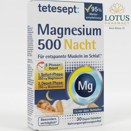 Tetesept Magnesium 500 Nacht is a German dietary supplement formulated with 500 mg magnesium per tablet in a 2-phase depot system. It is designed for evening use so magnesium is supplied in two stages: an initial phase followed by a prolonged-release phase over several hours during the night.

Magnesium contributes to normal muscle function, nervous system function, energy metabolism, and reduction of tiredness and fatigue. The product is lactose-free and gluten-free.