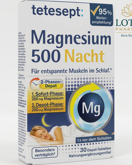Tetesept Magnesium 500 Nacht is a German dietary supplement formulated with 500 mg magnesium per tablet in a 2-phase depot system. It is designed for evening use so magnesium is supplied in two stages: an initial phase followed by a prolonged-release phase over several hours during the night.

Magnesium contributes to normal muscle function, nervous system function, energy metabolism, and reduction of tiredness and fatigue. The product is lactose-free and gluten-free.