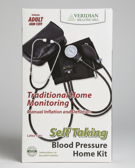 The Veridian Blood Pressure Home Kit is a manual aneroid blood pressure monitoring system designed for convenient home use. It combines a precision aneroid gauge, easy-squeeze inflation bulb, adult arm cuff, and attached stethoscope, allowing users to manually measure blood pressure without batteries or electricity. The kit is compact, portable, and ideal for individuals who prefer traditional blood pressure monitoring or need a reliable backup device.&nbsp;