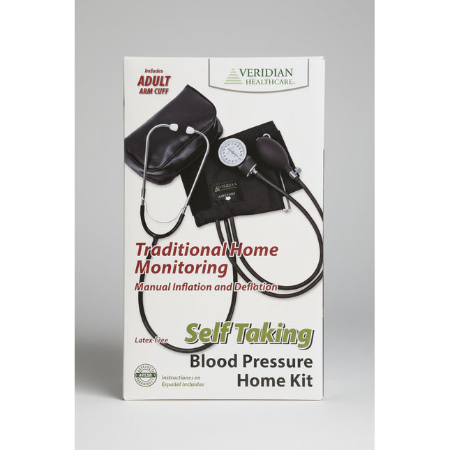 The Veridian Blood Pressure Home Kit is a manual aneroid blood pressure monitoring system designed for convenient home use. It combines a precision aneroid gauge, easy-squeeze inflation bulb, adult arm cuff, and attached stethoscope, allowing users to manually measure blood pressure without batteries or electricity. The kit is compact, portable, and ideal for individuals who prefer traditional blood pressure monitoring or need a reliable backup device.&nbsp;