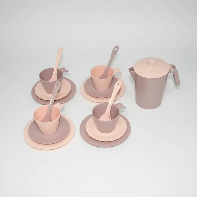 The set of coffee tableware "Relax" consists of 17 elements and comes in a bag. It's a great gift for your child. It's made in trendy and calm colors. &nbsp;Children's tableware is high-quality and safe. &nbsp;It is ideal for cozy coffee for four people while the little hostess will be able to learn the rules of etiquette and table setting in a playful manner. The dishes can be washed in the dishwasher and heated in the microwave oven.&nbsp;