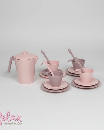 The set of coffee tableware "Relax" consists of 17 elements and comes in a bag. It's a great gift for your child. It's made in trendy and calm colors. &nbsp;Children's tableware is high-quality and safe. &nbsp;It is ideal for cozy coffee for four people while the little hostess will be able to learn the rules of etiquette and table setting in a playful manner. The dishes can be washed in the dishwasher and heated in the microwave oven.&nbsp;