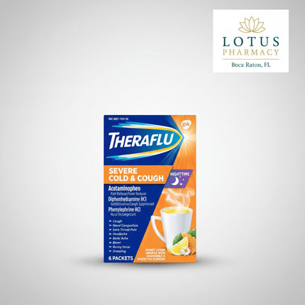Theraflu® Nighttime Severe Cold &amp; Cough Relief is a nighttime multi-symptom cold and flu medicine designed to provide relief from common cold and flu symptoms while helping you rest. The warming hot liquid formula helps relieve fever, body aches, headache, sore throat pain, cough, runny nose, and sneezing. It is intended for nighttime use and may cause drowsiness.&nbsp;