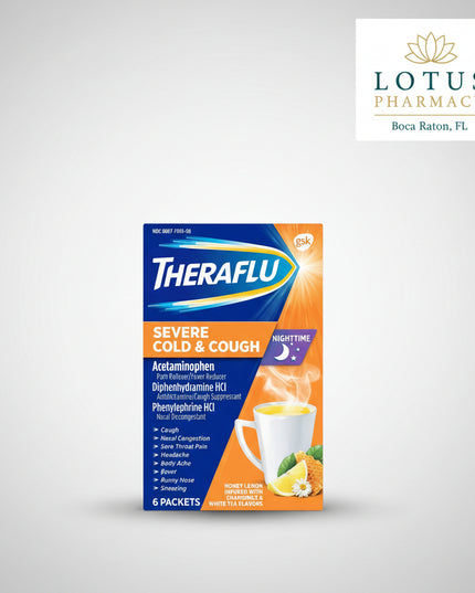 Theraflu® Nighttime Severe Cold &amp; Cough Relief is a nighttime multi-symptom cold and flu medicine designed to provide relief from common cold and flu symptoms while helping you rest. The warming hot liquid formula helps relieve fever, body aches, headache, sore throat pain, cough, runny nose, and sneezing. It is intended for nighttime use and may cause drowsiness.&nbsp;