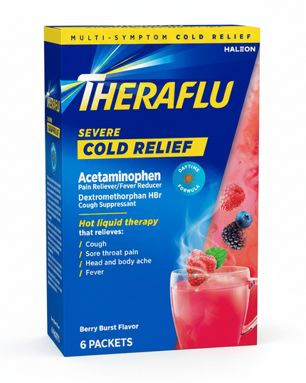 Theraflu® Severe Cold Relief is a hot liquid powder medicine formulated to provide temporary relief from multiple severe cold symptoms. The soothing warm beverage helps relieve fever, body aches, sore throat pain, cough, chest congestion, nasal congestion, and sinus pressure. Simply dissolve one packet in hot water to create a comforting honey lemon-flavored drink.