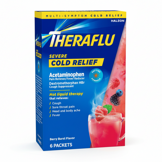 Theraflu® Severe Cold Relief is a hot liquid powder medicine formulated to provide temporary relief from multiple severe cold symptoms. The soothing warm beverage helps relieve fever, body aches, sore throat pain, cough, chest congestion, nasal congestion, and sinus pressure. Simply dissolve one packet in hot water to create a comforting honey lemon-flavored drink.