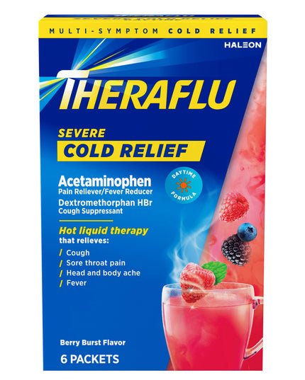Theraflu® Severe Cold Relief is a hot liquid powder medicine formulated to provide temporary relief from multiple severe cold symptoms. The soothing warm beverage helps relieve fever, body aches, sore throat pain, cough, chest congestion, nasal congestion, and sinus pressure. Simply dissolve one packet in hot water to create a comforting honey lemon-flavored drink.