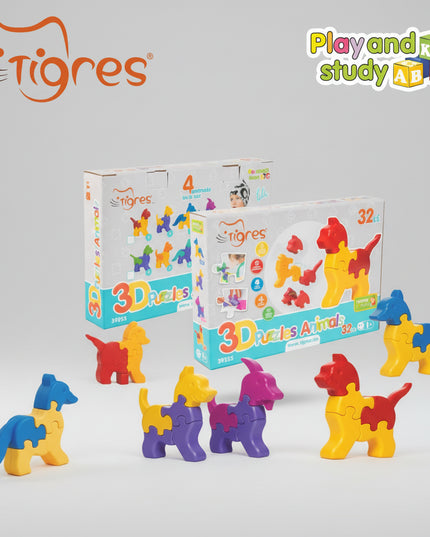 There are a total of four animals in a box. &nbsp;Each consisting of 8 puzzle pieces.
A dog, a cat, a fox, and a goat.
