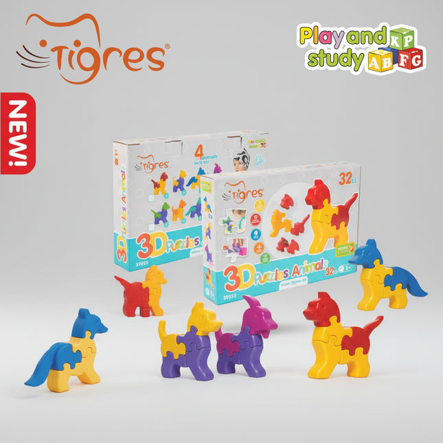 There are a total of four animals in a box. &nbsp;Each consisting of 8 puzzle pieces.
A dog, a cat, a fox, and a goat.