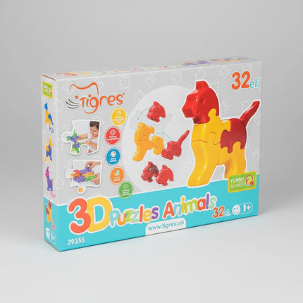 There are a total of four animals in a box. &nbsp;Each consisting of 8 puzzle pieces.
A dog, a cat, a fox, and a goat.