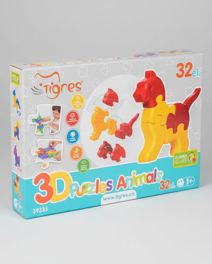 There are a total of four animals in a box. &nbsp;Each consisting of 8 puzzle pieces.
A dog, a cat, a fox, and a goat.