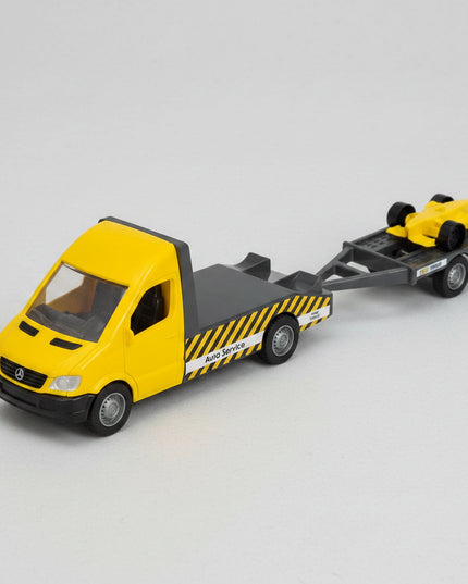This detailed Mercedes-Benz Sprinter tow truck with carriage brings rescue missions and vehicle transport play to life! Designed to look just like the real Sprinter service truck, it features a sturdy towing platform, rolling wheels, and realistic design elements. Perfect for little drivers, collectors, and fans of rescue and transport vehicles.