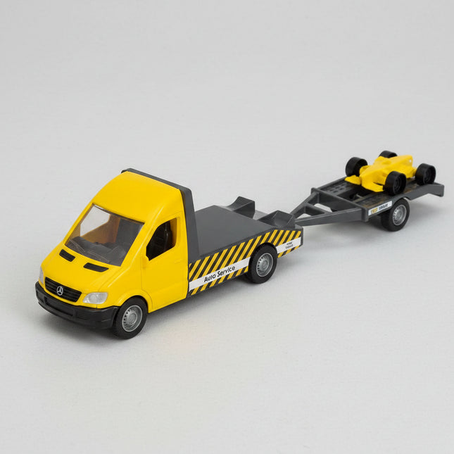 This detailed Mercedes-Benz Sprinter tow truck with carriage brings rescue missions and vehicle transport play to life! Designed to look just like the real Sprinter service truck, it features a sturdy towing platform, rolling wheels, and realistic design elements. Perfect for little drivers, collectors, and fans of rescue and transport vehicles.