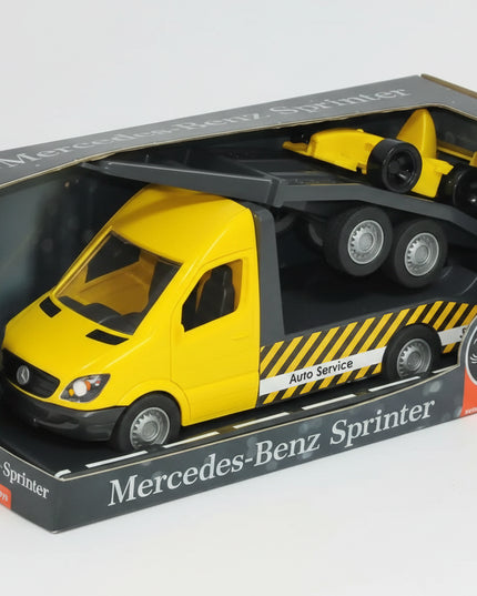 This detailed Mercedes-Benz Sprinter tow truck with carriage brings rescue missions and vehicle transport play to life! Designed to look just like the real Sprinter service truck, it features a sturdy towing platform, rolling wheels, and realistic design elements. Perfect for little drivers, collectors, and fans of rescue and transport vehicles.