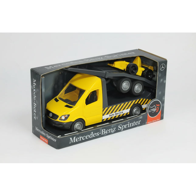 This detailed Mercedes-Benz Sprinter tow truck with carriage brings rescue missions and vehicle transport play to life! Designed to look just like the real Sprinter service truck, it features a sturdy towing platform, rolling wheels, and realistic design elements. Perfect for little drivers, collectors, and fans of rescue and transport vehicles.