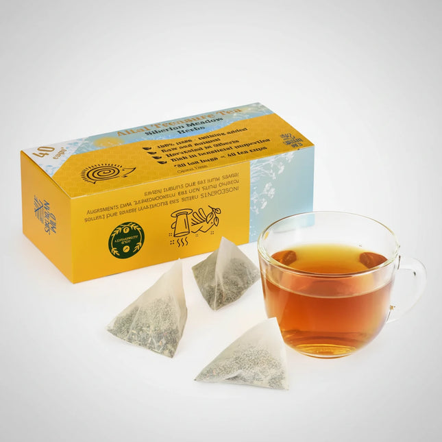 This soothing Siberian herbal blend is crafted from wild Altai meadow herbs, hand-picked from pristine mountain valleys known for their purity and natural healing qualities.
Each large tea bag delivers a fragrant, floral-herbal infusion rich in antioxidants and gentle wellness-supporting compounds.