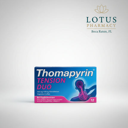 Thomapyrin Tension Duo is a German pain-relief medicine containing a combination of ibuprofen 400 mg and caffeine 100 mg per film-coated tablet. It is intended for the short-term symptomatic treatment of acute moderate pain, including headaches and dental pain, in adults.