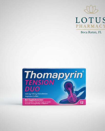 Thomapyrin Tension Duo is a German pain-relief medicine containing a combination of ibuprofen 400 mg and caffeine 100 mg per film-coated tablet. It is intended for the short-term symptomatic treatment of acute moderate pain, including headaches and dental pain, in adults.