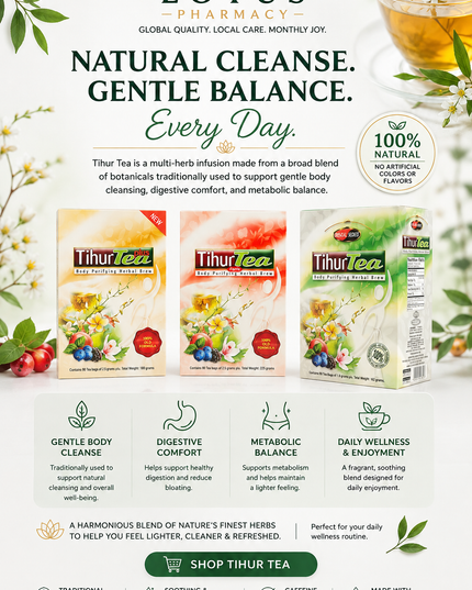 A promotional product graphic for Lotus Pharmacy Tihur Tea, featuring three tea boxes, marketing text, botanical illustrations, and informational icons on a white background.