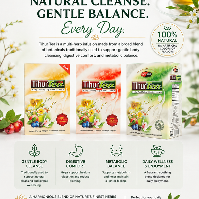 A promotional product graphic for Lotus Pharmacy Tihur Tea, featuring three tea boxes, marketing text, botanical illustrations, and informational icons on a white background.