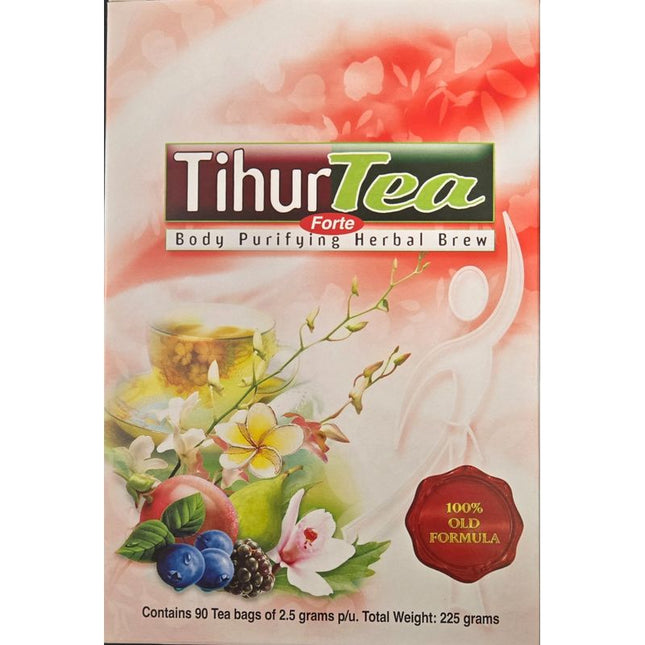 Tihur Tea Forte packaging with tea bags and herbs on a white background