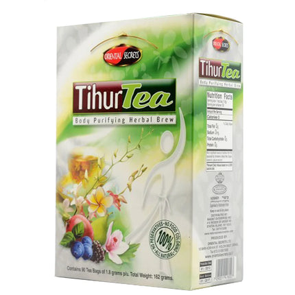 Box of TIHUR TEA #90 TEA BAGS with various herbs listed as ingredients. The box is colorful with floral and fruit images, and has text detailing the product's benefits and usage instructions.