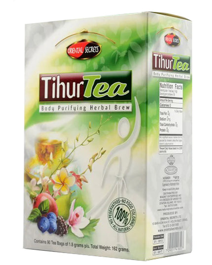 Box of TIHUR TEA #90 TEA BAGS with various herbs listed as ingredients. The box is colorful with floral and fruit images, and has text detailing the product's benefits and usage instructions.