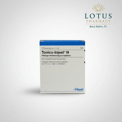 Tonico-Injeel® N is a German registered homeopathic injectable medicinal product manufactured by Heel.

The formula combines multiple homeopathic dilutions of Aurum metallicum, Chininum arsenicosum, Chamaelirium luteum, Hypericum perforatum, Selenium, Kalium phosphoricum, and Strychnos nux-vomica.