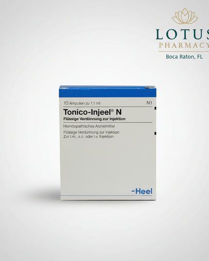 Tonico-Injeel® N is a German registered homeopathic injectable medicinal product manufactured by Heel.

The formula combines multiple homeopathic dilutions of Aurum metallicum, Chininum arsenicosum, Chamaelirium luteum, Hypericum perforatum, Selenium, Kalium phosphoricum, and Strychnos nux-vomica.