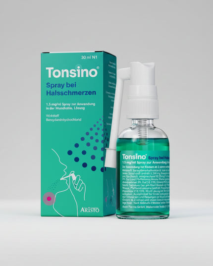 Tonsino® Spray is a German pharmacy throat spray formulated with Benzydamine Hydrochloride 1.5 mg/ml, a locally acting anti-inflammatory and pain-relieving ingredient that helps relieve sore throat symptoms, irritation, redness, and swelling in the mouth and throat. The convenient spray format allows targeted application directly to the affected area for fast symptom relief. It features a refreshing peppermint flavor and is suitable for both adults and children aged 2 years and older (minimum body weight 4 