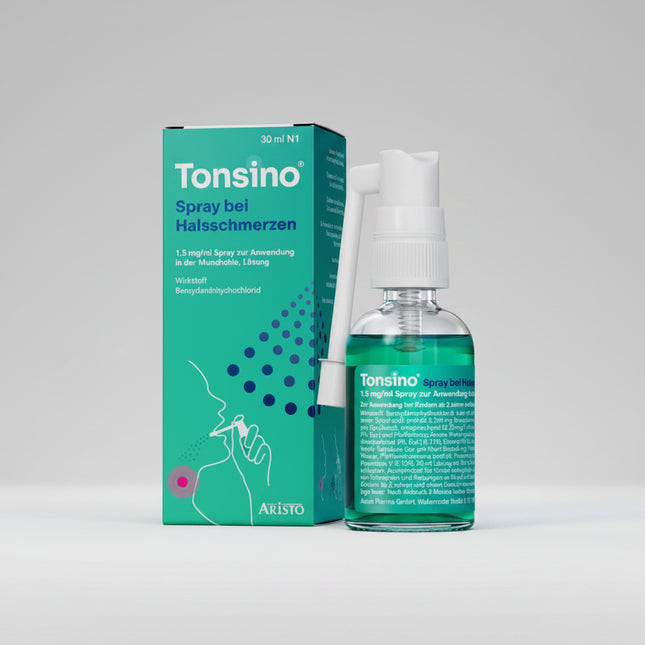Tonsino® Spray is a German pharmacy throat spray formulated with Benzydamine Hydrochloride 1.5 mg/ml, a locally acting anti-inflammatory and pain-relieving ingredient that helps relieve sore throat symptoms, irritation, redness, and swelling in the mouth and throat. The convenient spray format allows targeted application directly to the affected area for fast symptom relief. It features a refreshing peppermint flavor and is suitable for both adults and children aged 2 years and older (minimum body weight 4 