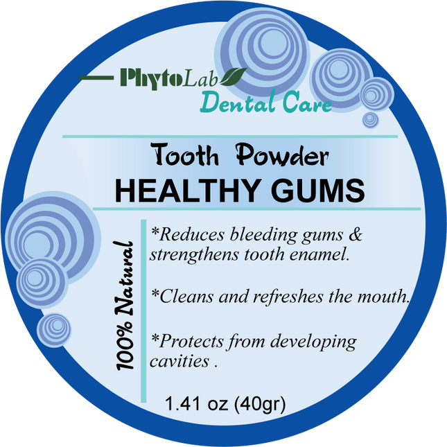 Label for PhytoLab Dental Care Tooth Powder Healthy Gums with product details.