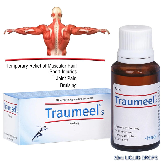 Traumeel s packaging and bottle with a depiction of muscular pain on a white background