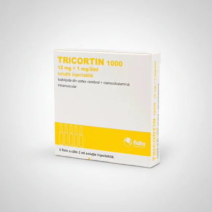 Tricortin 1000 is medicinal injectable solution designed for intramuscular use containing a synergistic combination of phospholipids of the cerebral cortex and cyanocobalamin (vitamin B12) formulated to support neurotrophic metabolism and nerve tissue function. The unique combination helps optimize delivery of vitamin B12 while supporting membrane activities in neurons and peripheral nerves.