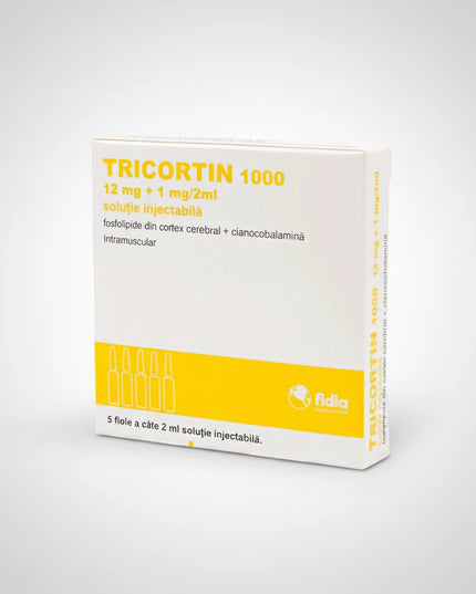 Tricortin 1000 is medicinal injectable solution designed for intramuscular use containing a synergistic combination of phospholipids of the cerebral cortex and cyanocobalamin (vitamin B12) formulated to support neurotrophic metabolism and nerve tissue function. The unique combination helps optimize delivery of vitamin B12 while supporting membrane activities in neurons and peripheral nerves.