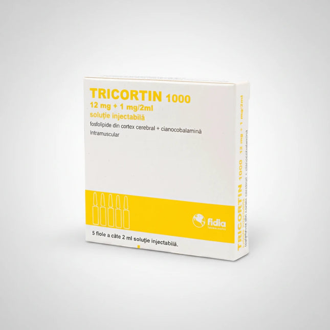 Tricortin 1000 is medicinal injectable solution designed for intramuscular use containing a synergistic combination of phospholipids of the cerebral cortex and cyanocobalamin (vitamin B12) formulated to support neurotrophic metabolism and nerve tissue function. The unique combination helps optimize delivery of vitamin B12 while supporting membrane activities in neurons and peripheral nerves.