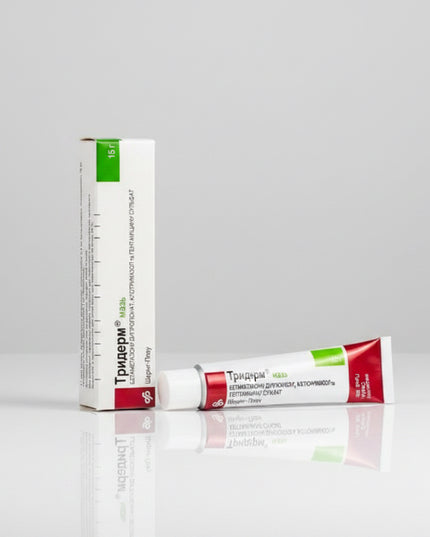 triderm ointment, triderm 15 g, betamethasone, clotrimazole, gentamicin, triple action ointment, antifungal ointment, antibiotic ointment, corticosteroid ointment, dermatitis treatment, eczema treatment, fungal skin infection, bacterial skin infection, ringworm treatment, athlete's foot treatment, jock itch treatment, topical medication, european pharmacy, тридерм мазь, тридерм 15 г, бетаметазон, клотримазол, гентамицин, мазь от грибка, мазь с антибиотиком, дерматит, экзема, грибковая инфекция кожи, бактери