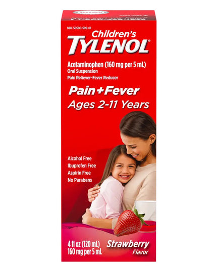 Tylenol Childrens Acetaminophen Oral Suspension for Pain and Fever Relief Strawberry Flavor 4Oz (120ml)