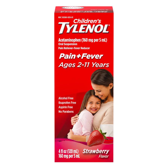 Tylenol Childrens Acetaminophen Oral Suspension for Pain and Fever Relief Strawberry Flavor 4Oz (120ml)