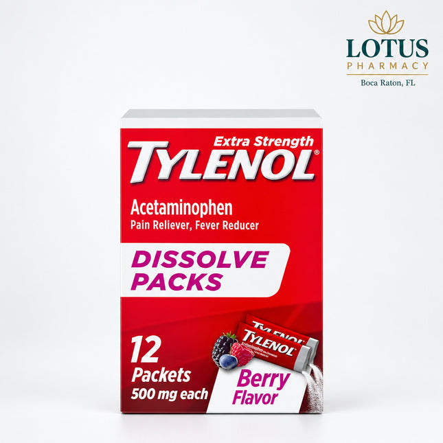 Tylenol Extra Strength Dissolve Packs are single-dose powder packets containing acetaminophen 500 mg per packet for temporary relief of minor aches and pains and reduction of fever. The berry-flavored powder dissolves on the tongue without water, making it a convenient option for travel, work, or situations where swallowing tablets is difficult.