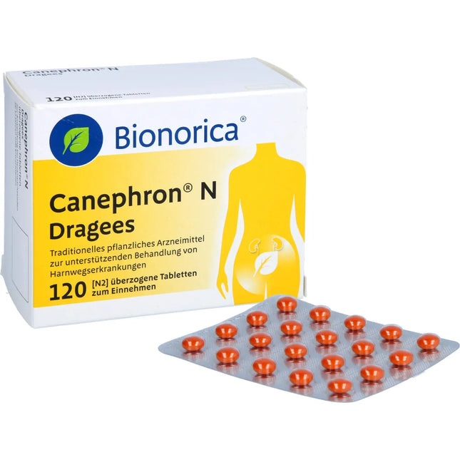 Bionorica Canephron N Dragees packaging with tablets on a white background
