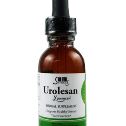 Bottle of Urolesan herbal supplement with dropper on a white background