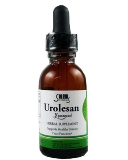Bottle of Urolesan herbal supplement with dropper on a white background