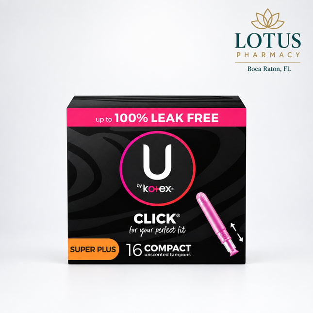 U by Kotex Click Compact Tampons are designed for discreet, convenient period protection in a compact applicator format. These tampons offer Super Plus absorbency and are unscented, making them suitable for customers who prefer fragrance-free menstrual care.