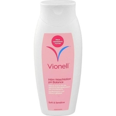 Vionell intimate wash bottle with pink label on a white background
